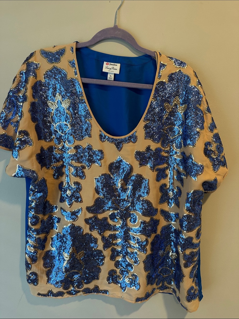 Tracy Reese Cream Top with Metallic Blue Sequin Floral Motif